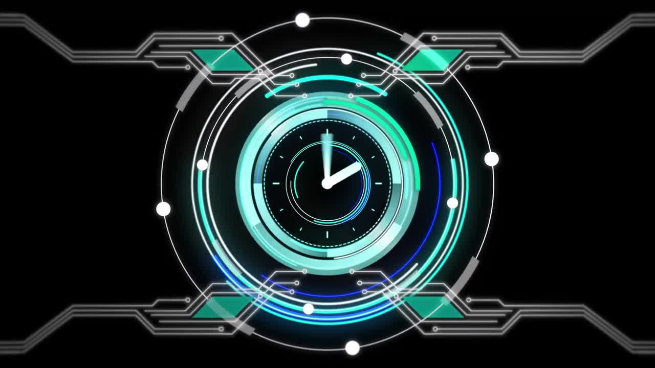 Animation of scope scanning with clock over black background