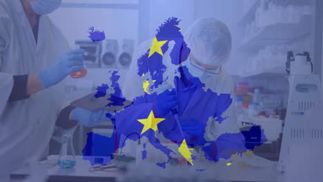 in lab, scientists analyzing european union map overlay for animation project