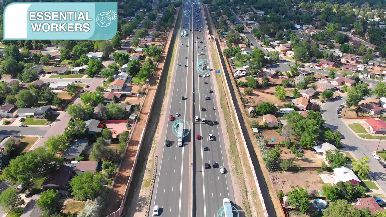 el gráfico en movimiento muestra a los camioneros, trabajadores esenciales que viajan