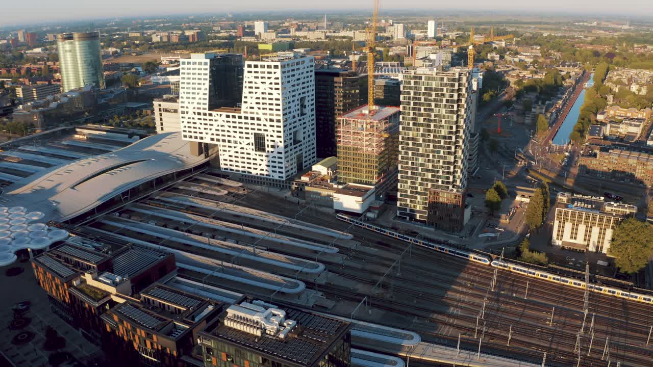 Utrecht medieval european city center with dom tower or central train station empty because of Corona lockdown measures (normally busiest train station of NL), netherlands,