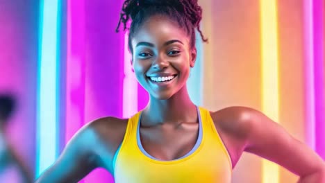 portrait of a smiling woman in workout clothes with neon lights