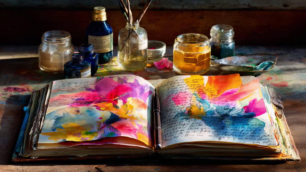 A Vibrant Journey Through Creativity: A Beautifully Illustrated Art Book Spread with Colorful Pages, Paints, and Glass Containers Reflecting Artistic Expression and Imagination