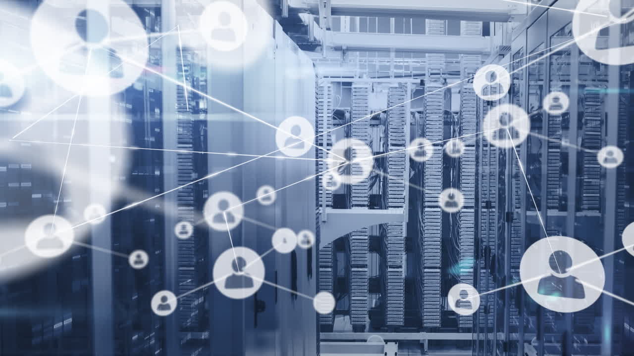 Animation of network of connections with people icons over computer servers