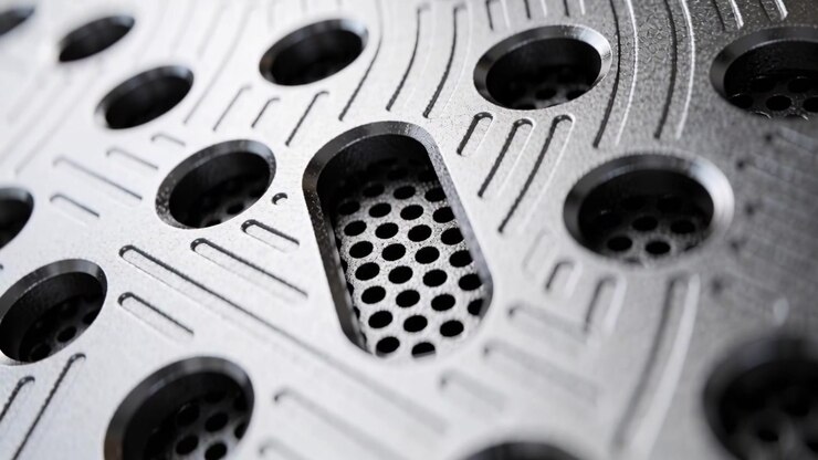 Pulling camera back and tilting, machined metal plate revealing perforated mesh at inspection bench