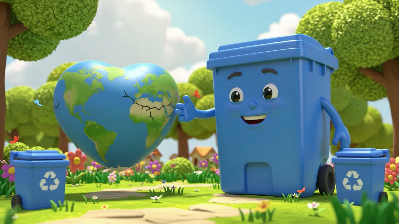 A Friendly Animated Recycling Bin Promotes Environmental Awareness by Holding a Cracked Globe Shaped Like a Heart in a Vibrant Green Landscape with Colorful Flowers and Trees