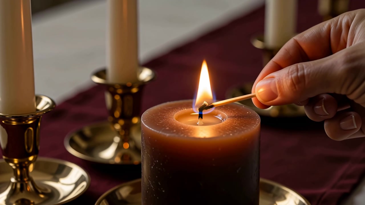 Un fiammifero acceso tocca lo stoppino scuro mentre la fiamma si espande su una candela di cera marrone, una mano tiene brevemente il fiammifero, poi si allontana mentre una luce calda si riflette su candelabri di metallo e tessuto rosso intenso