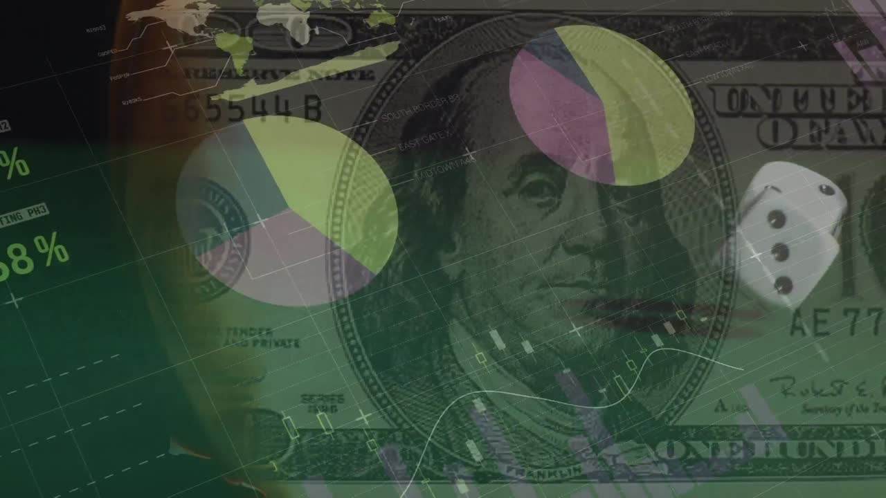 animación del procesamiento de datos sobre billetes y dados