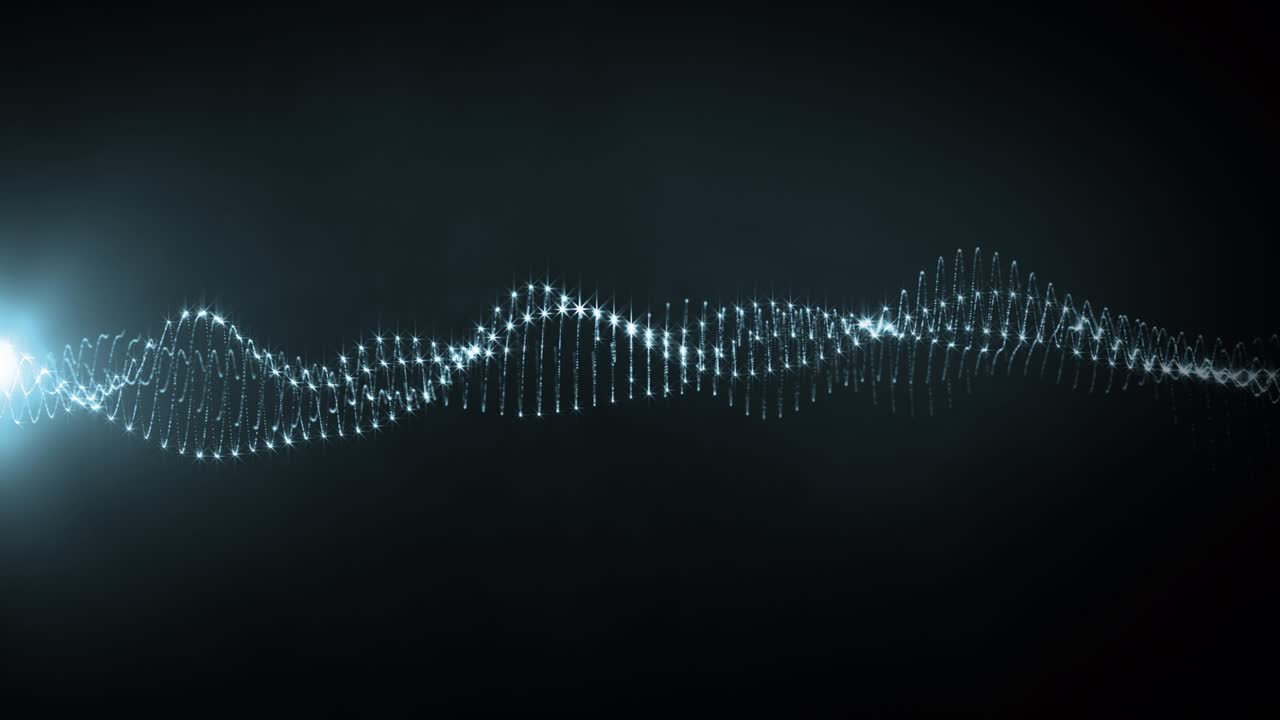 Abstract loop of glowing blue digital luxurious wave particles flow on black background with left flare light.Motion of digital data flow.big data Hi tech technology background concept.Cyber  technology