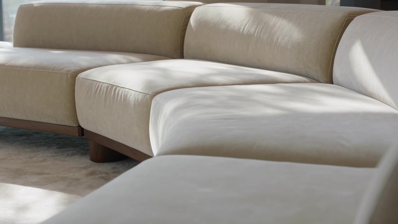 Camera advancing, focusing on beige sectional sofa in modern living room, revealing chaise cushions