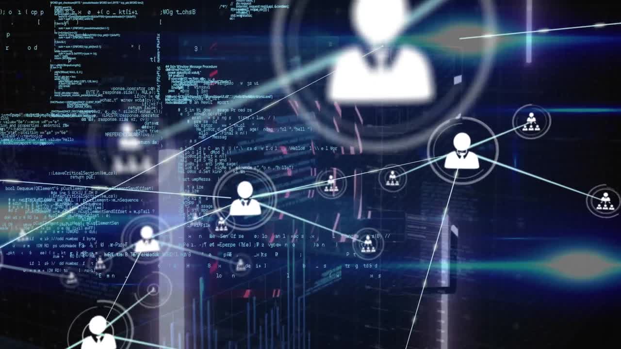 Animation of network of profile icons, data processing and light spots against blue background