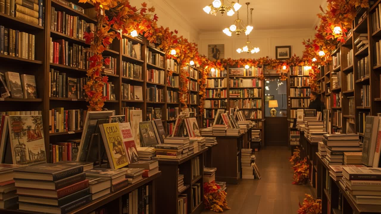 Cozy Bookstore Interior Decorated for Autumn