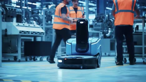 autonomous delivery robot navigating through a modern warehouse environment, showcasing advanced technology and efficiency in logistics operations.