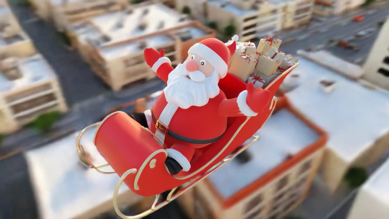 Cheerful Santa Claus Joyfully Soars Through the Sky in His Sleigh, Delivering Gifts with a Wave from Above a Festive Cityscape during the Holiday Season