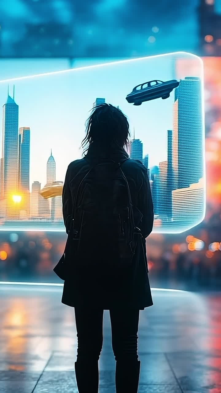 Skylines with digital overlays. A person stands in front of large digital screens showcasing a vibrant city skyline at twilight with glowing lights.