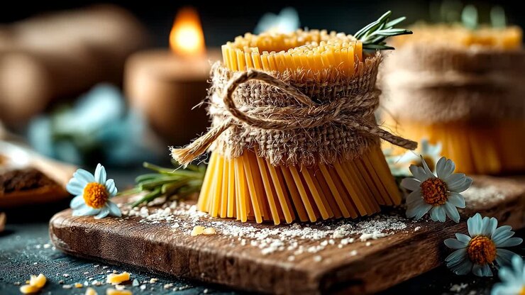 Pasta bundles on a board. Pasta bundles are placed on a wooden board. Small flowers and herbs surround the pasta