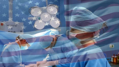 Animation-of-flag-of-usa-waving-over-surgeons-in-operating-theatre