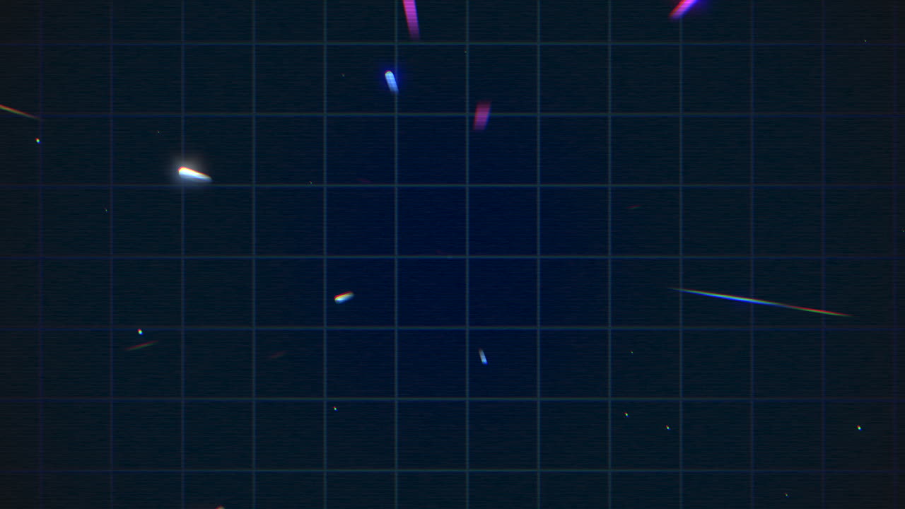 80년대 스타일의 깊은 은하에서 움직임의 반 ⁇ 이는 네온 그리드 패턴