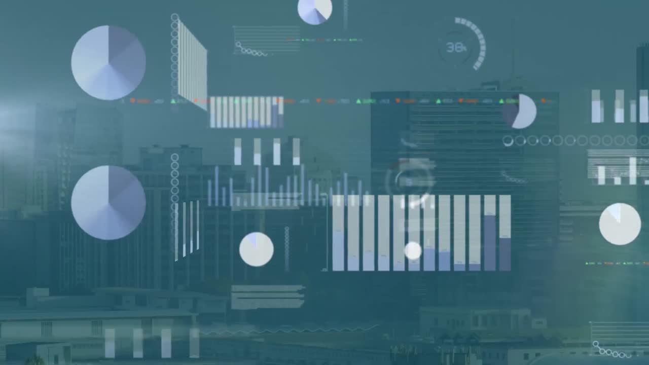 Animation of data processing over cityscape