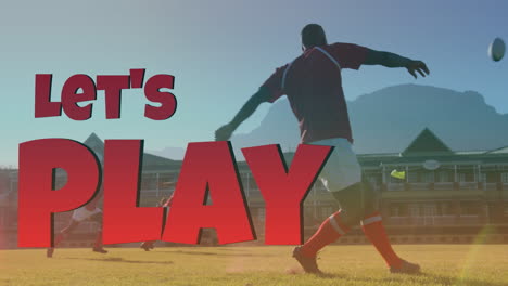 animation of lets play text over diverse male rugby players