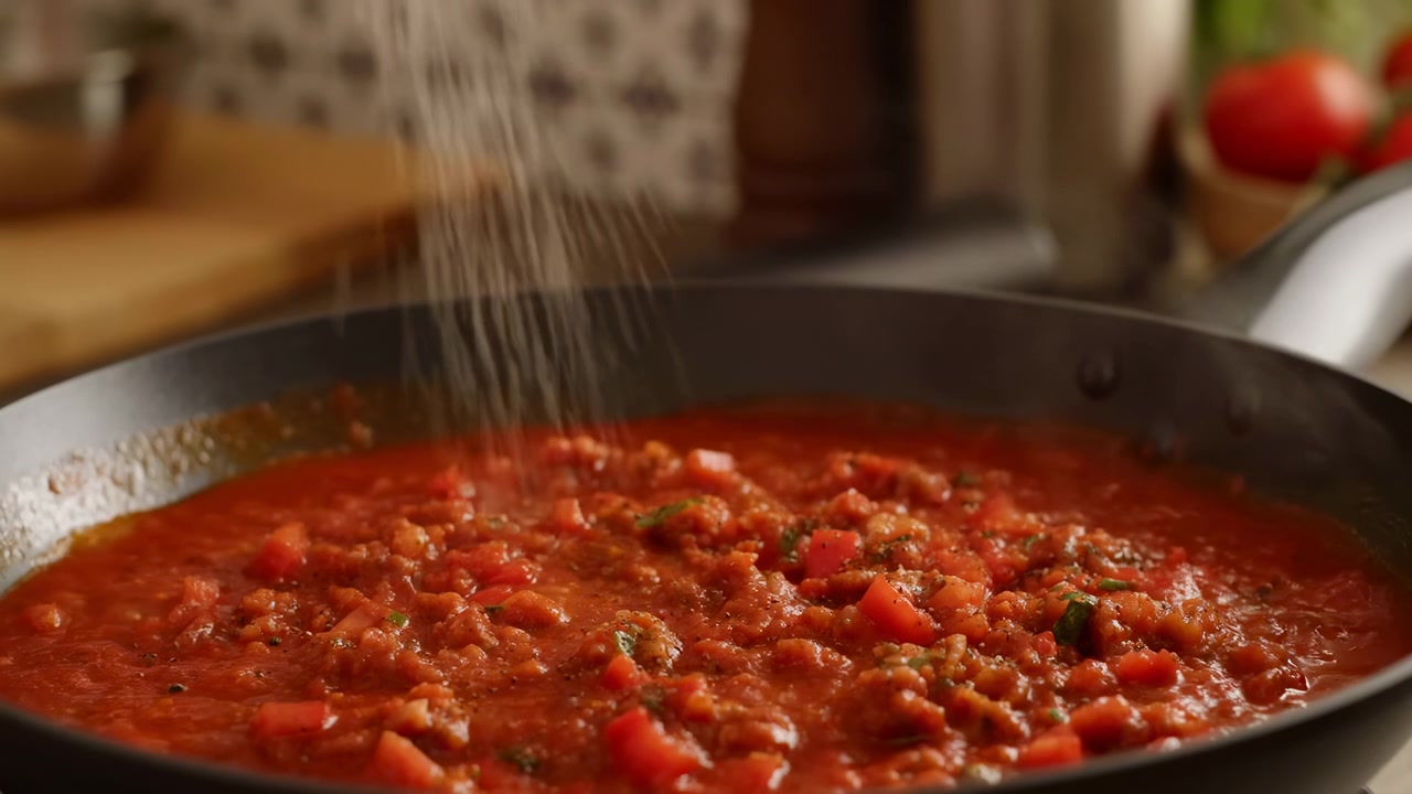 Close-up de molho de carne e tomate robusto fervendo lentamente em uma panela no fogão, com luz natural quente e um fundo de cozinha suavemente desfocado