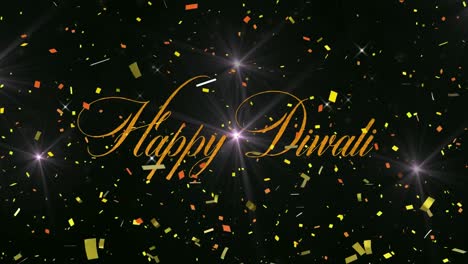 animation of happy diwali over confetti on black background