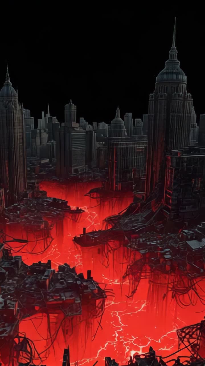 Vertical video: Molten lava river pulsing amid ruins at night venting heat through steam vents