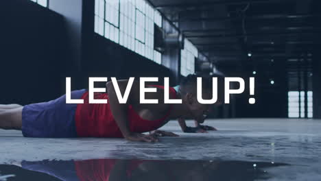 animation of level up text over mixed race man doing push ups