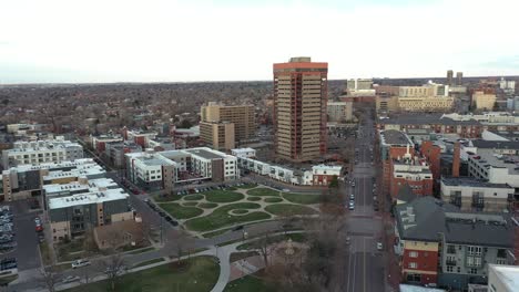 aerial view, residential neighborhood in downtown denver colorado usa, buildings and city parks at evening, drone shot