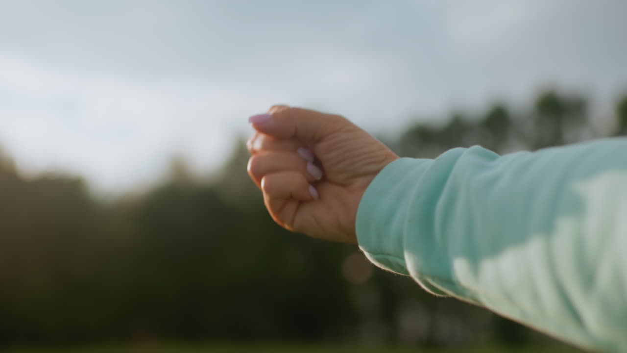 Close up of hand in mint green sleeve performing hand twist exercise outdoors during peaceful morning session in open field under soft natural light with trees in background and fresh calm atmosphere