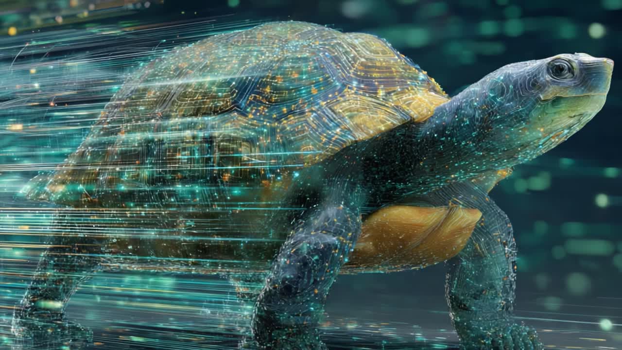 Speed Meets Innovation: A Futuristic Representation of a Turtle, Merging Nature with Technology and Radiating High-Tech Energy in an Unforgettable Visual Experience