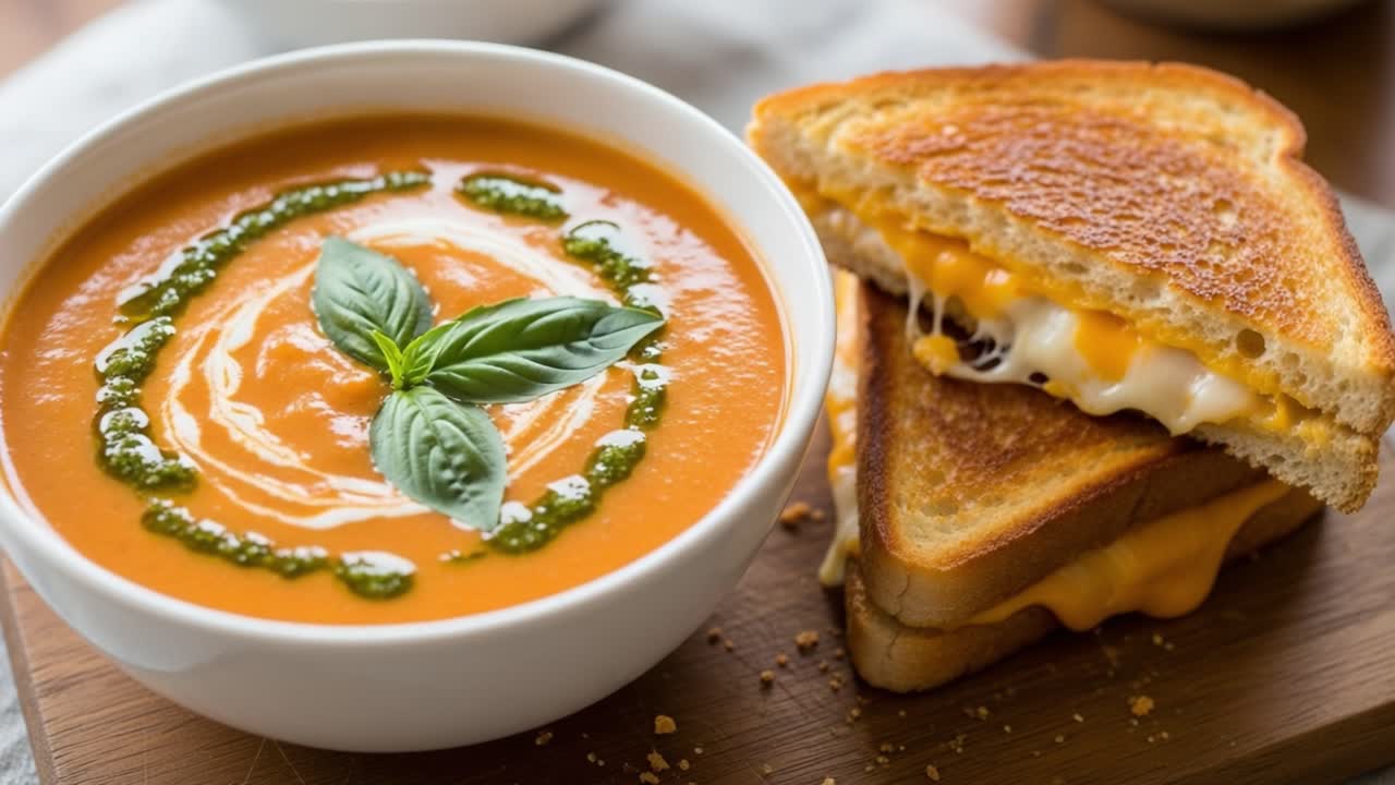 Delicious Tomato Soup Accompanied by Golden Grilled Cheese Sandwich, Featuring Fresh Basil and Creamy Cheese Melt, Perfect for a Cozy Meal Experience