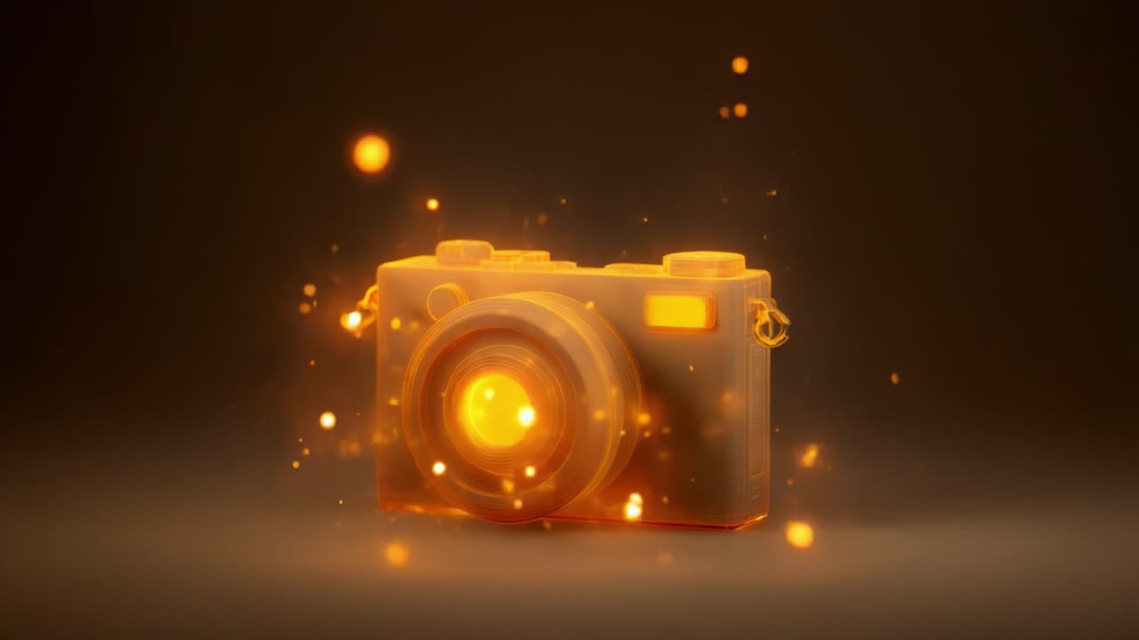 A Stunning Visualization of a Camera Embellished with Sparkling Lights in a Dark Background, Capturing the Essence of Photography and Creativity in a Unique Artistic Style