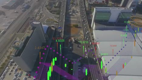 animation of financial and business data processing over cityscape