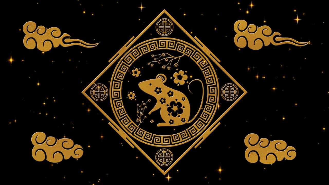 año nuevo lunar, fondo del festival de primavera con rata dorada, fuegos artificiales, estrellas relucientes. año nuevo chino telón de fondo de la noche estrellada negra para el evento de vacaciones. animación de renderización 3d. bucle sin costuras 4k video