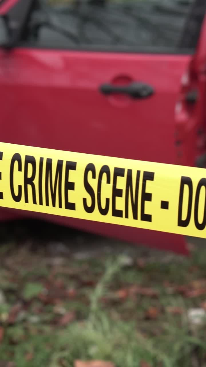 Vertical View of Police Crime Scene Tape in Front of Red Car With Open Doors, Close Up