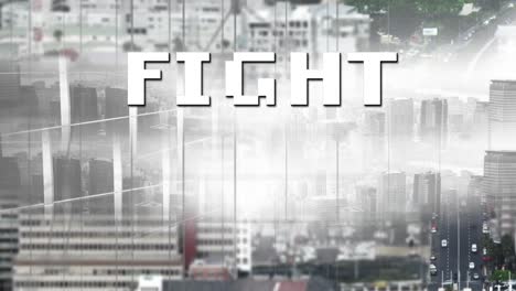 animation of fight text in white letters over cityscape background