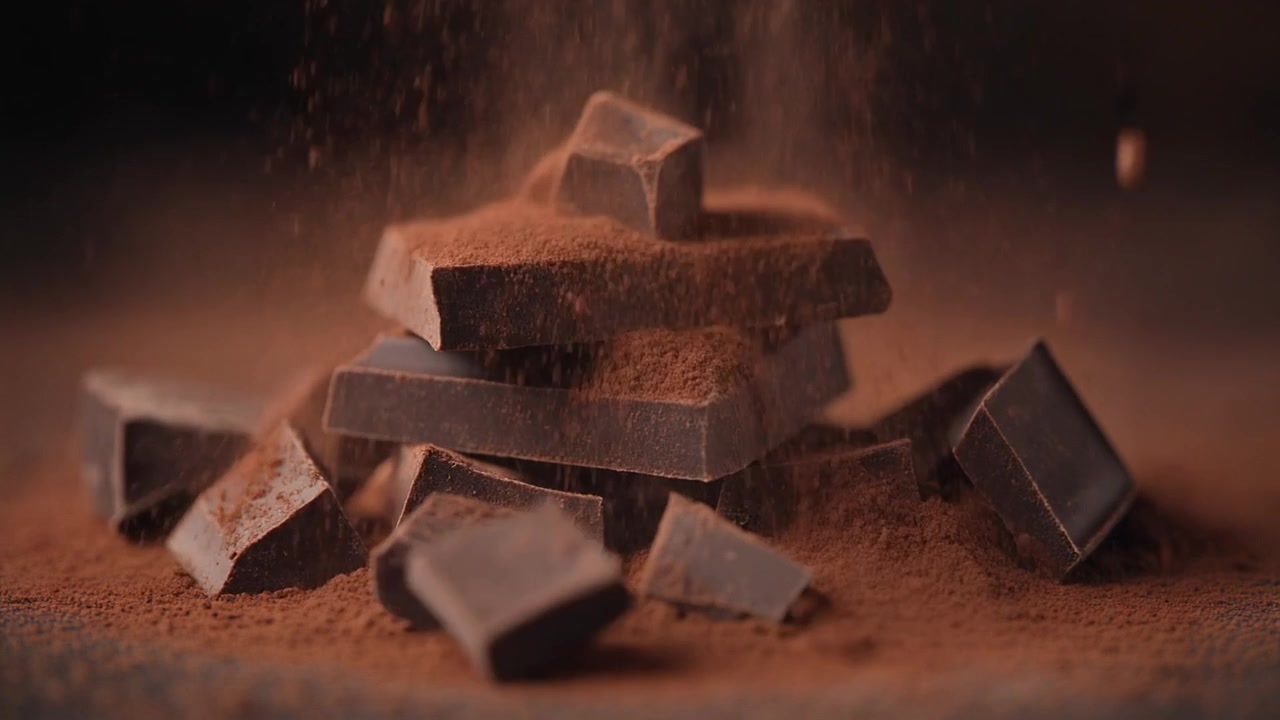 Cocoa Powder Falling onto a Stack of Dark Chocolate Pieces