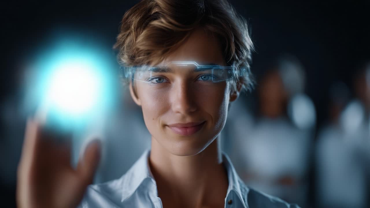 Una giovane persona che indossa tecnologia futuristica interagisce con un'interfaccia luminosa, dimostrando capacità avanzate di realtà virtuale in un ambiente buio.