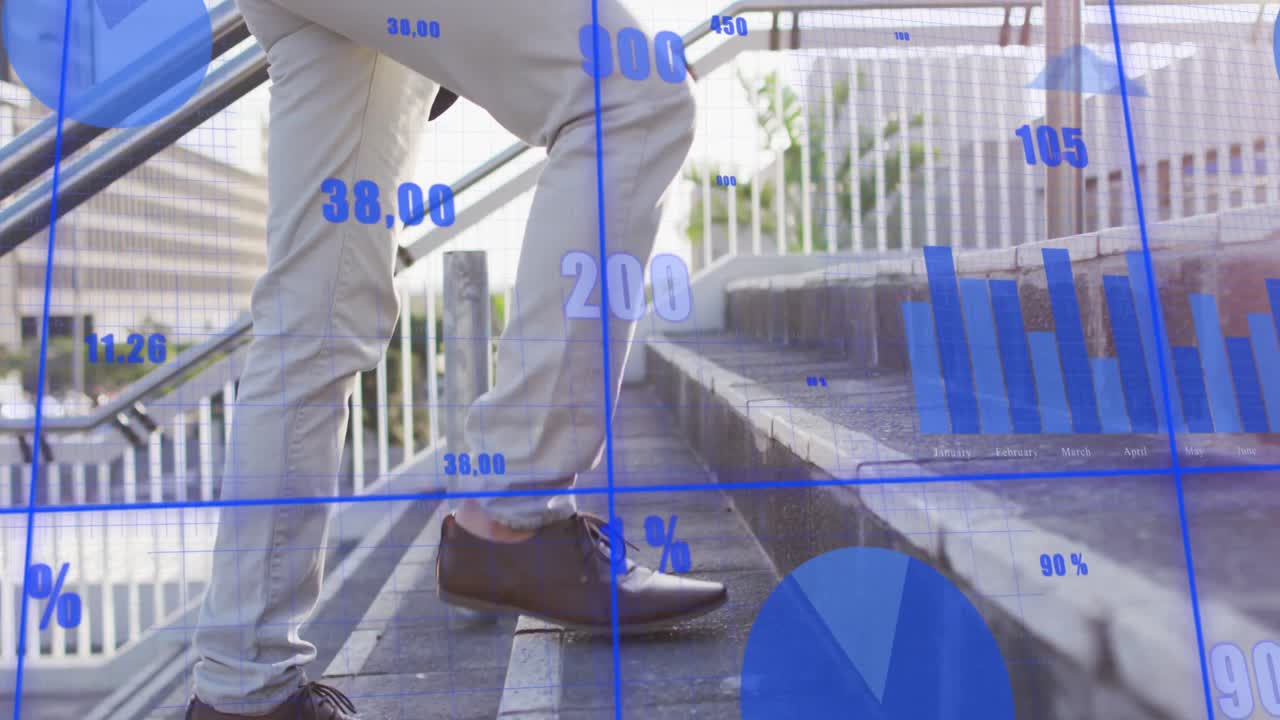 Animation of statistics and data processing over caucasian businessman on stairs