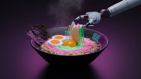 a futuristic culinary experience: robotic hands skillfully prepare vibrant ramen noodles with soft-boiled eggs amidst a colorful and mystical setting