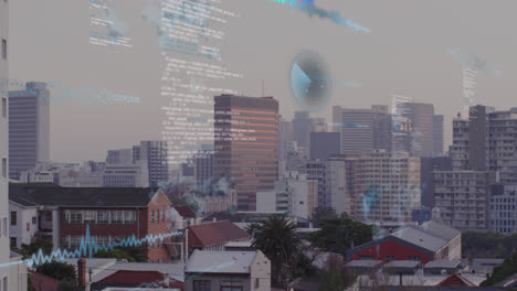 animación del procesamiento de datos financieros sobre el paisaje urbano