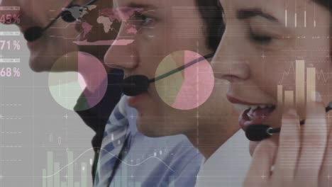 animación del procesamiento de datos financieros sobre personas de negocios que usan auriculares telefónicos