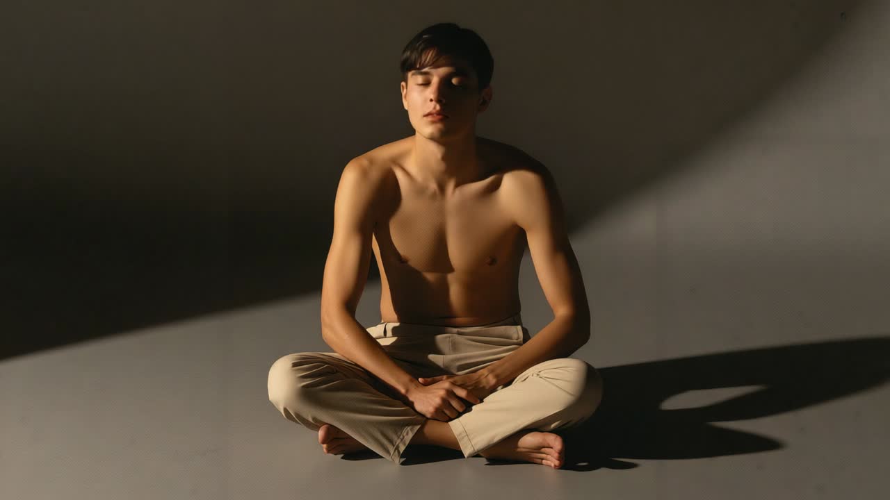 Uomo a torso nudo, inizialmente chinato, che alza la testa in uno studio, in pantaloni beige, sotto i riflettori per trasmettere calma.