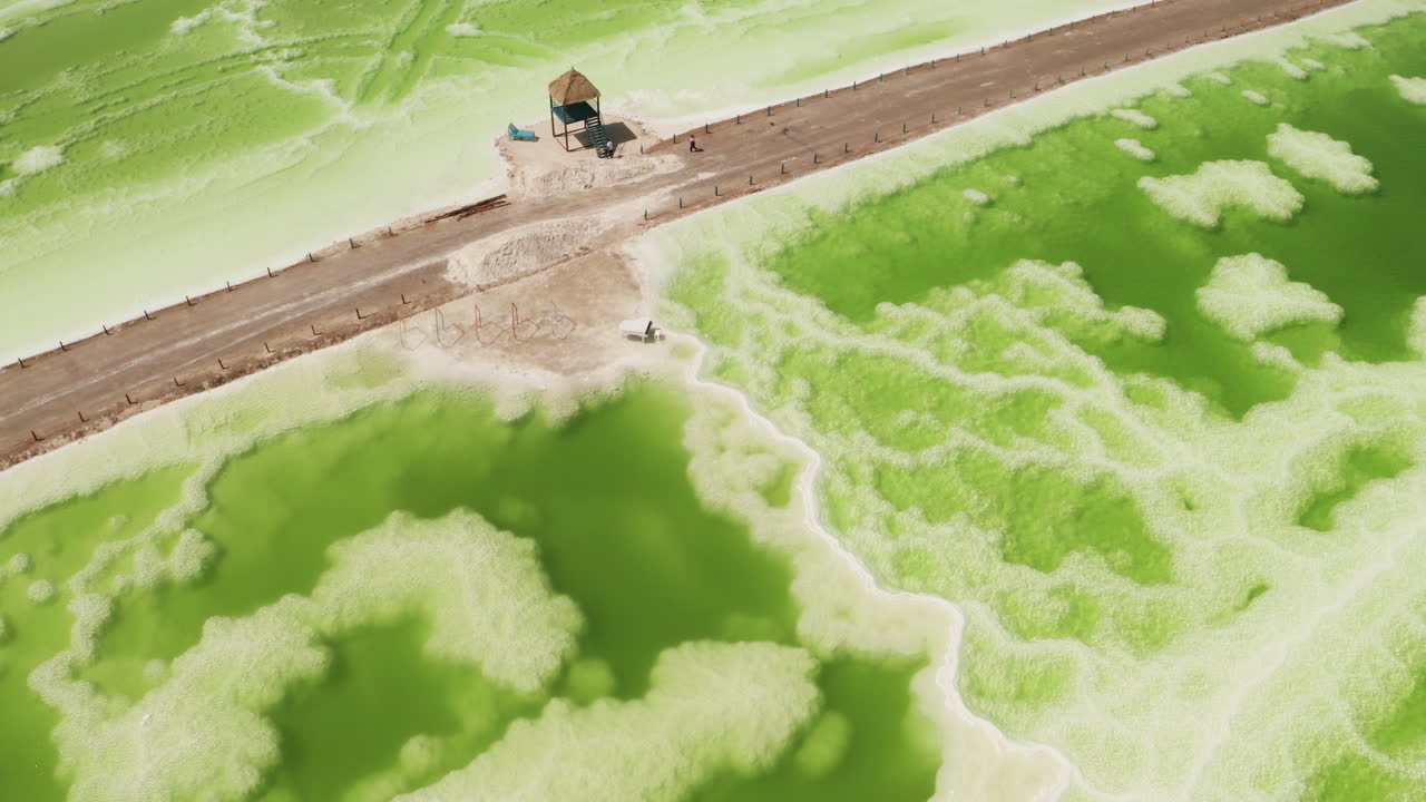 зелёное соленое озеро и пляжный павильон, естественное озеро на заднем плане.