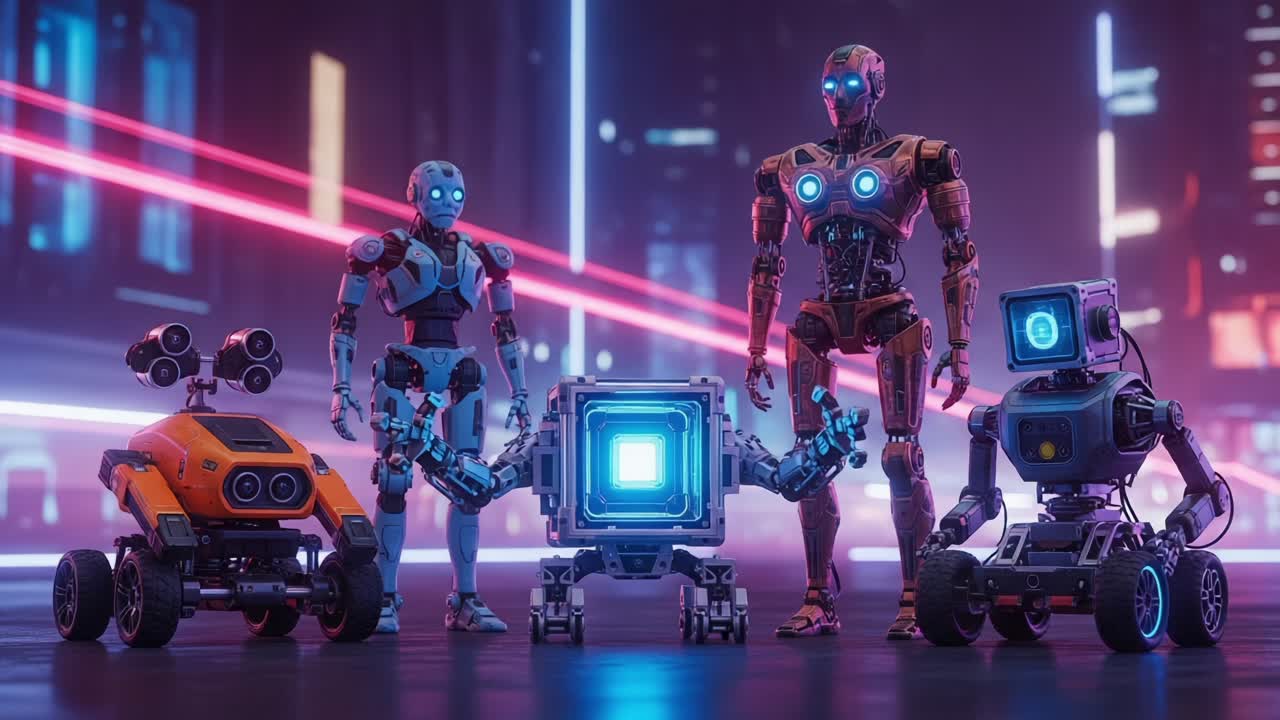Exploring the Future of Robotics: A Diverse Assembly of Advanced Robots Showcased Against a Neon Cyberpunk Cityscape Enhancing the Concept of Technology and Innovation