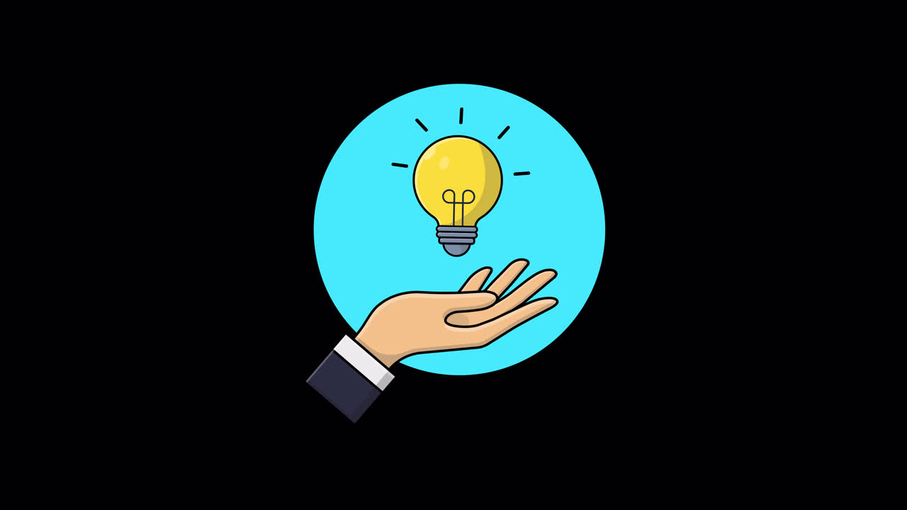 Mano animata che tiene una lampadina luminosa con un'idea