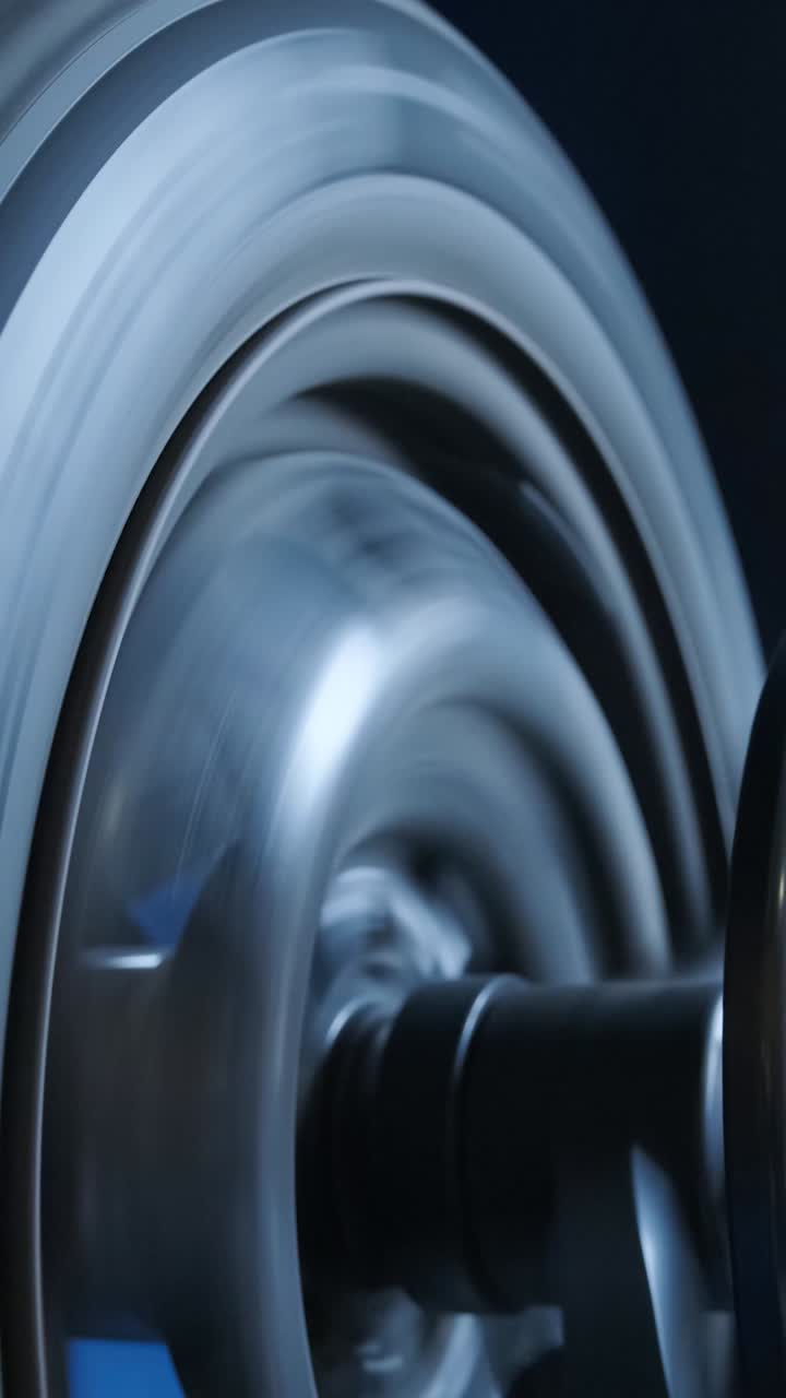 Close-Up of a Fast Spinning Metal Wheel in Industrial Machinery