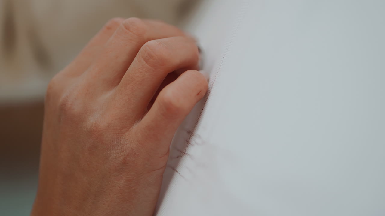 Woman's hand sewing or fastening a zipper on a white garment