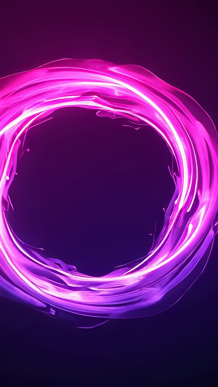 Vertical video: Loop starting neon ring rotating pulsing with wisps core on purple field for screen