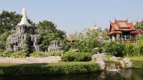 temple and garden with water feature